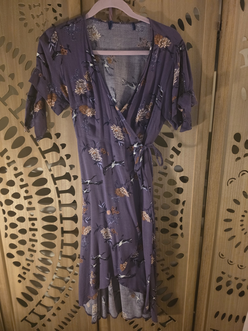 Floral Wrap Midi Dress in Lavender With Bird Pattern